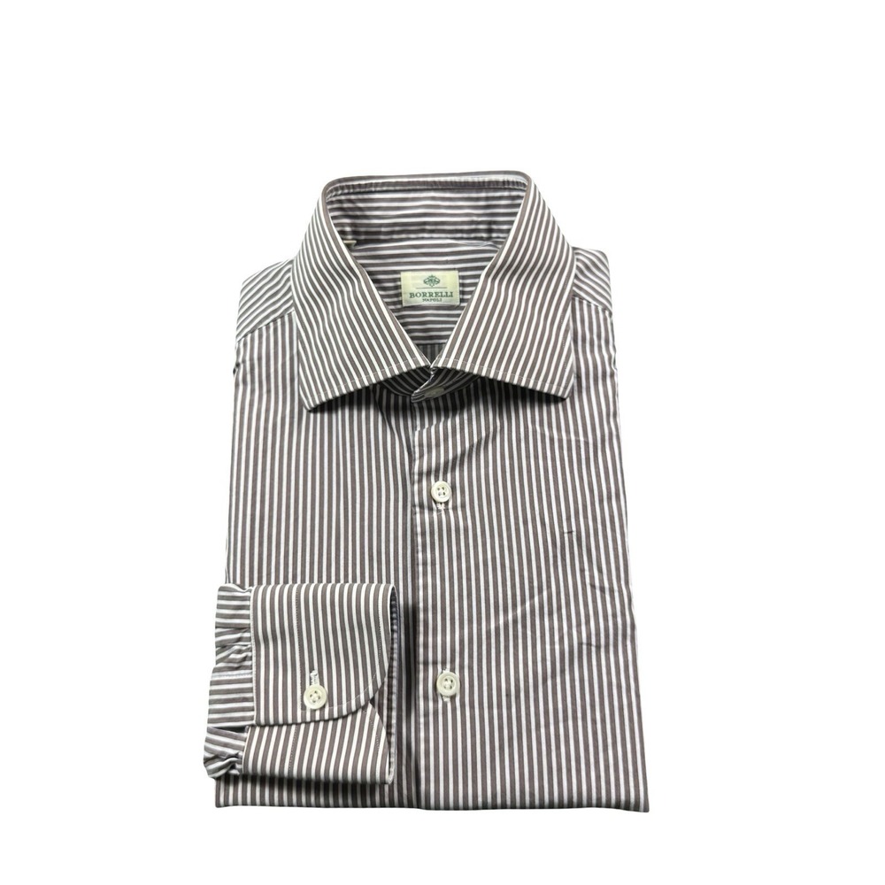 Borrelli Napoli Brown White Blue Striped Cotton Shirt Mens 15.5 39 Italy